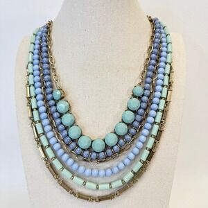 Layered Beaded Necklace Blue Green Gold Tone Statement Jewelry Fashion